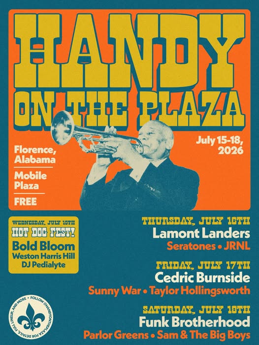 Informational flyer for the Handy on the Plaza event at the 2026 W.C. Music Festival in Florence, AL